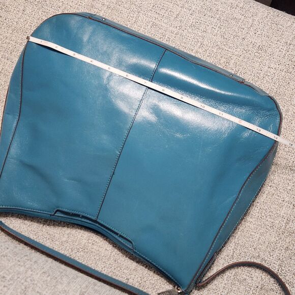 Hobo The Original Structured Glazed Leather Shoulder Bag Teal Blue Medium Purse - Picture 8 of 11